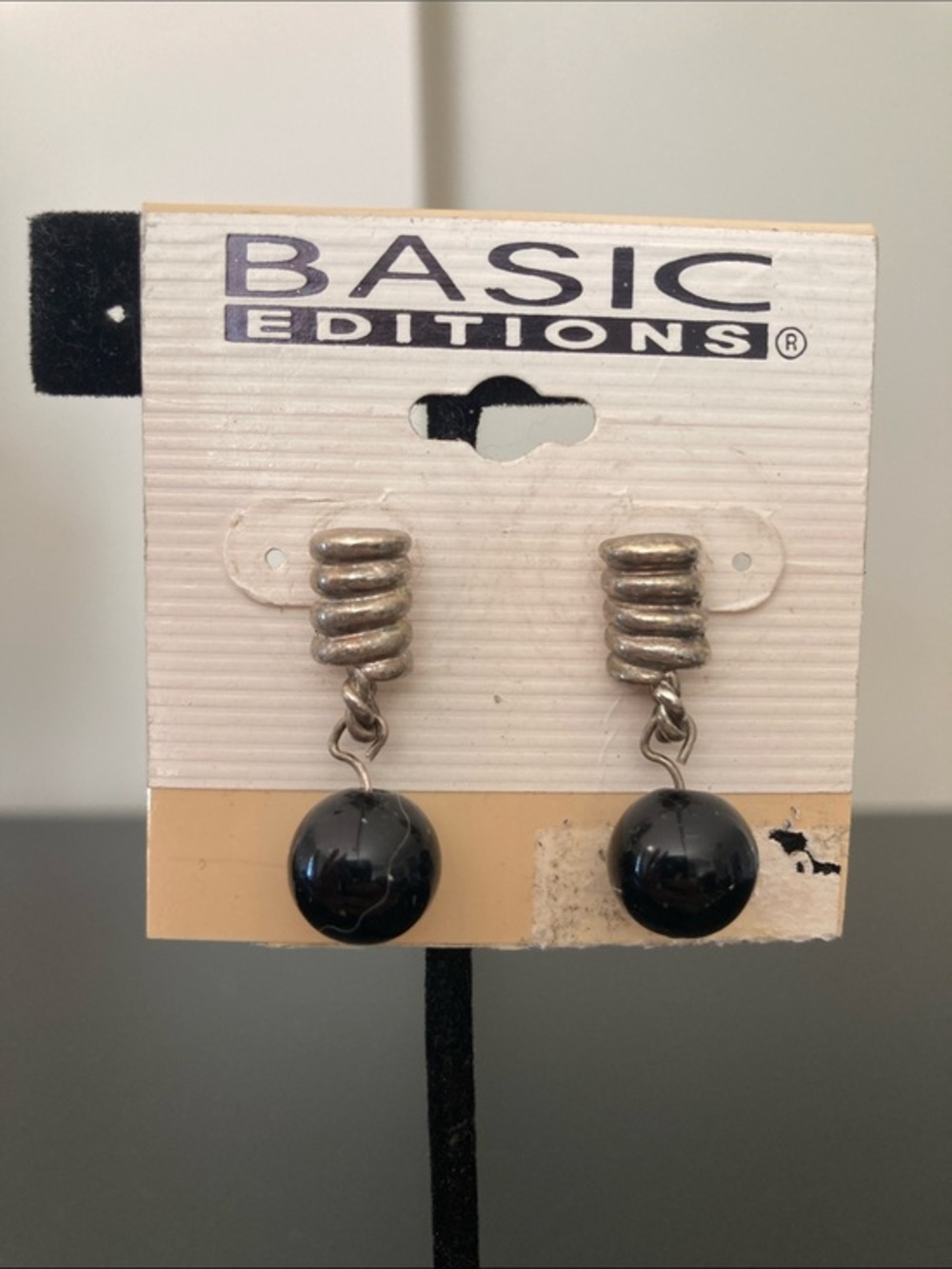 Basic Editions Silver Coil Drop Earrings with Black Beads